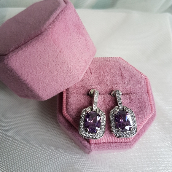 Swarovski Elements Amethyst Purple Emerald-cut Halo Earrings NEW - Picture 3 of 14